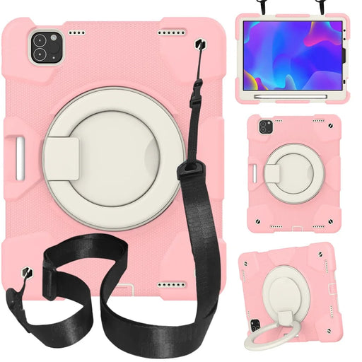 For iPad Pro 11 (2021) / (2020) / (2018) / (2022) / iPad Air (2022) / (2020) Kickstand Tablet Case PC + Silicone Shockproof Hybrid Cover with Shoulder Strap - Sakura Pink - 1