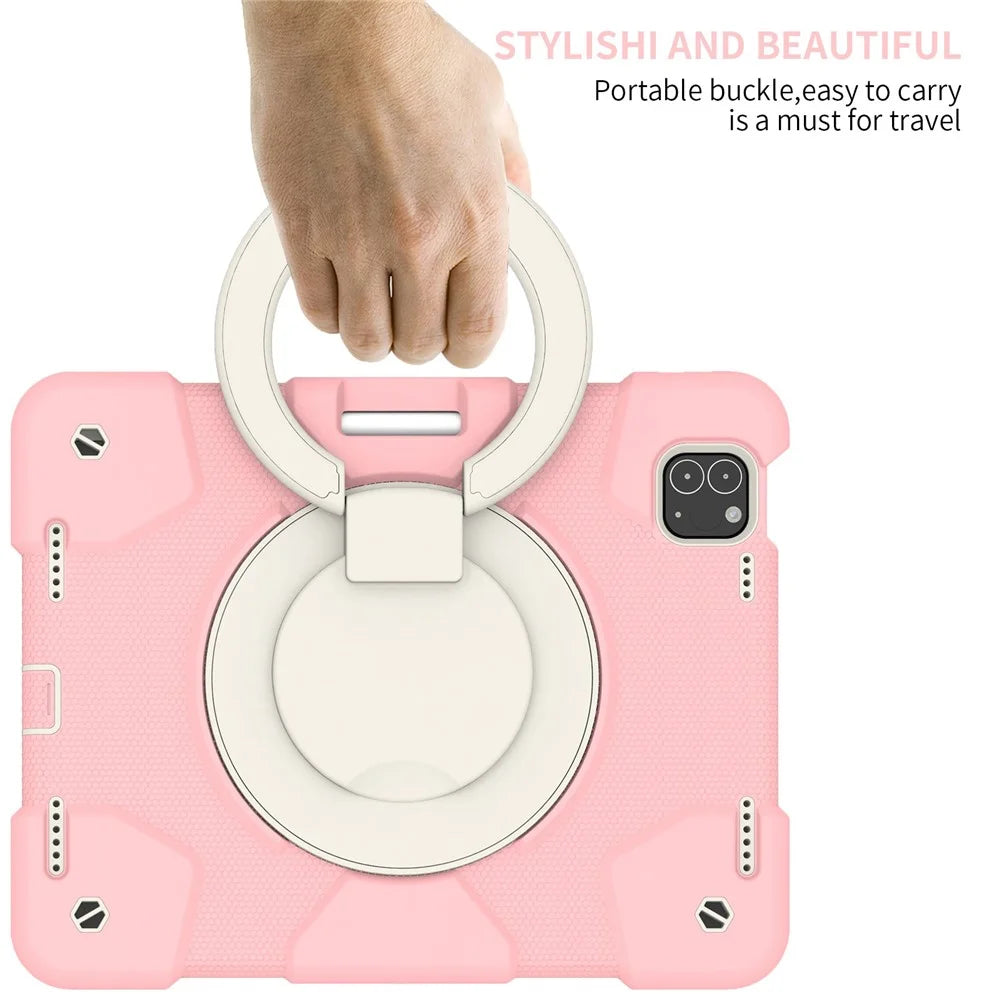 For iPad Pro 11 (2021) / (2020) / (2018) / (2022) / iPad Air (2022) / (2020) Kickstand Tablet Case PC + Silicone Shockproof Hybrid Cover with Shoulder Strap - Sakura Pink - 6