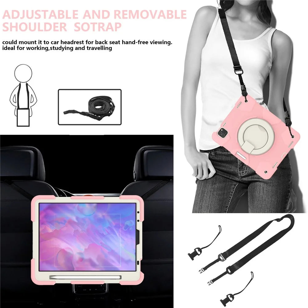 For iPad Pro 11 (2021) / (2020) / (2018) / (2022) / iPad Air (2022) / (2020) Kickstand Tablet Case PC + Silicone Shockproof Hybrid Cover with Shoulder Strap - Sakura Pink - 7