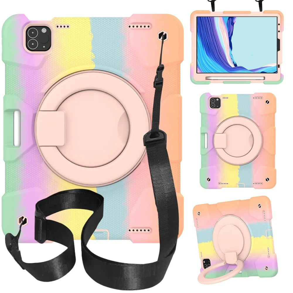 For iPad Pro 11 (2021) / (2020) / (2018) / (2022) / iPad Air (2022) / (2020) Colorful Tablet Cover Scratch-Resistant Kickstand Case with Shoulder Strap - Colorful Rose Gold - 1