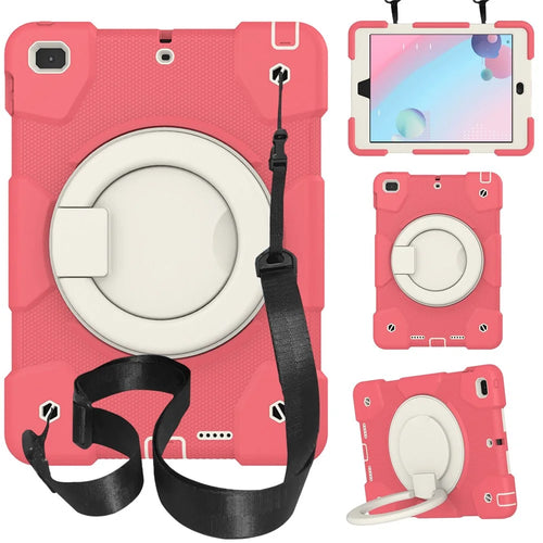 Kickstand Protective Case for iPad 9.7-inch (2018)/(2017)/iPad Air 2, Impact Resistant PC + Silicone Hybrid Cover with Shoulder Strap - Begonia Red - 1