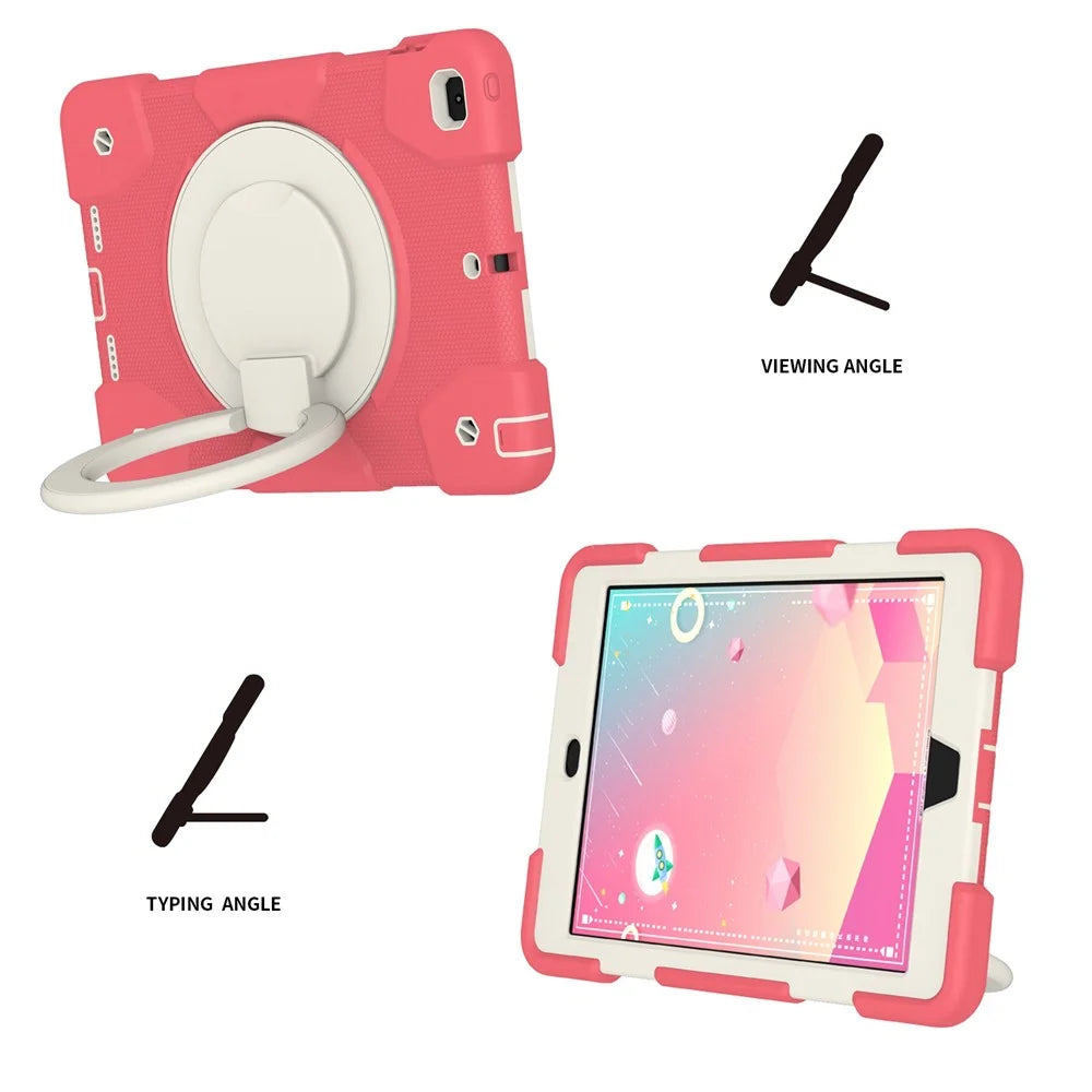 Kickstand Protective Case for iPad 9.7-inch (2018)/(2017)/iPad Air 2, Impact Resistant PC + Silicone Hybrid Cover with Shoulder Strap - Begonia Red - 2