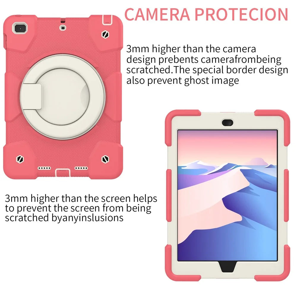 Kickstand Protective Case for iPad 9.7-inch (2018)/(2017)/iPad Air 2, Impact Resistant PC + Silicone Hybrid Cover with Shoulder Strap - Begonia Red - 4