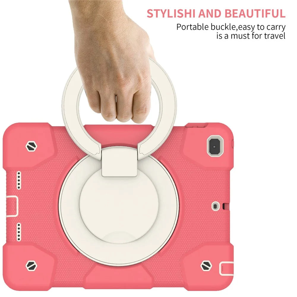 Kickstand Protective Case for iPad 9.7-inch (2018)/(2017)/iPad Air 2, Impact Resistant PC + Silicone Hybrid Cover with Shoulder Strap - Begonia Red - 6