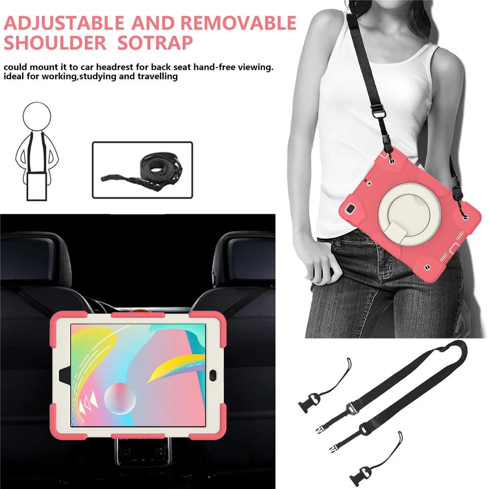Kickstand Protective Case for iPad 9.7-inch (2018)/(2017)/iPad Air 2, Impact Resistant PC + Silicone Hybrid Cover with Shoulder Strap - Begonia Red - 7