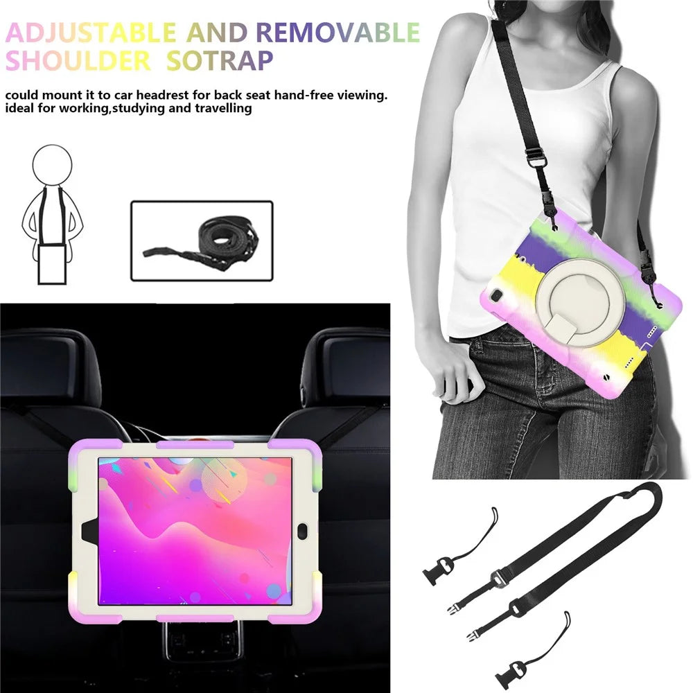 For iPad 9.7-inch (2018)/(2017)/iPad Air 2 PC + Silicone Colorful Tablet Case Anti-fall Protection Kickstand Cover with Shoulder Strap - Colorful Purple - 7