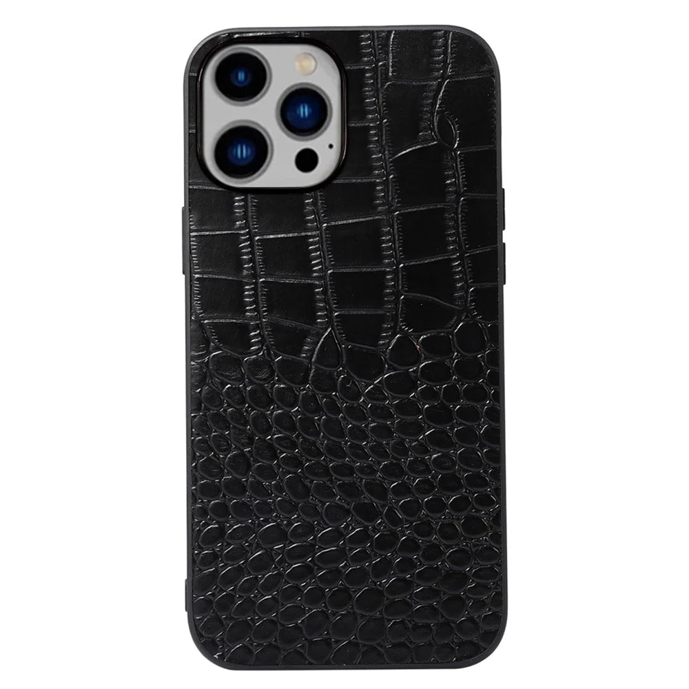For iPhone 14 Plus 6.7 inch Anti-fall Crocodile Texture Phone Case Scratch Resistant Well Protection Phone Cover Genuine Cowhide Leather Coated PC+TPU Shell - Black - 1