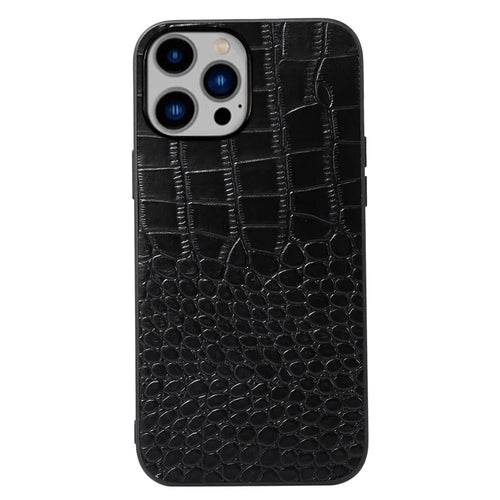 For iPhone 14 Plus 6.7 inch Anti-fall Crocodile Texture Phone Case Scratch Resistant Well Protection Phone Cover Genuine Cowhide Leather Coated PC+TPU Shell - Black - 1