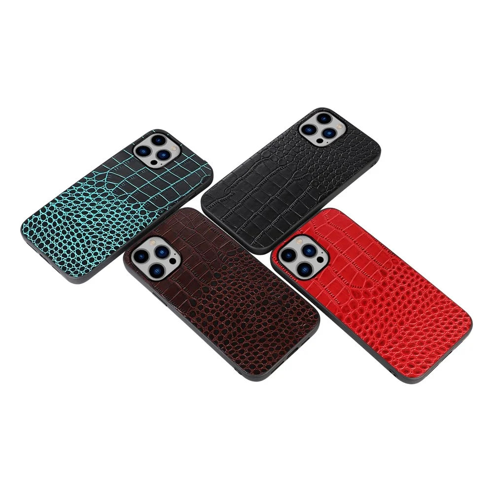 For iPhone 14 Plus 6.7 inch Anti-fall Crocodile Texture Phone Case Scratch Resistant Well Protection Phone Cover Genuine Cowhide Leather Coated PC+TPU Shell - Black - 3