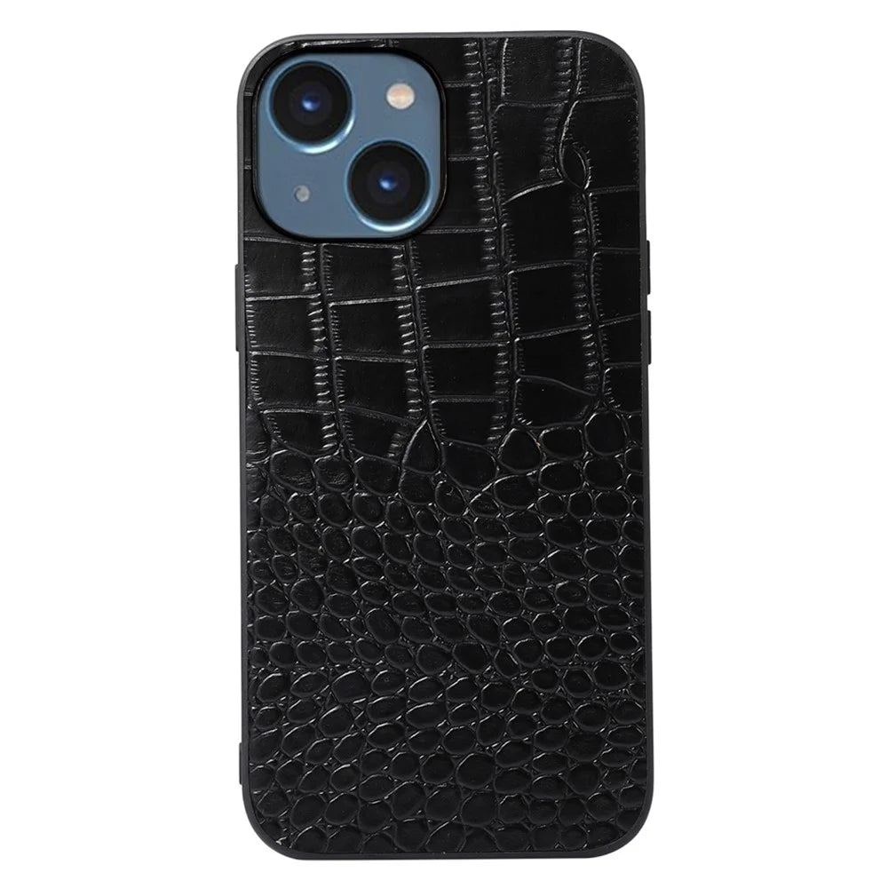 For iPhone 14 6.1 inch Anti-drop Crocodile Texture Phone Case Scratch Resistant Phone Cover Genuine Cowhide Leather Coated PC+TPU Shell - Black - 1