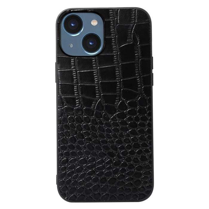 For iPhone 14 6.1 inch Anti-drop Crocodile Texture Phone Case Scratch Resistant Phone Cover Genuine Cowhide Leather Coated PC+TPU Shell - Black - 1