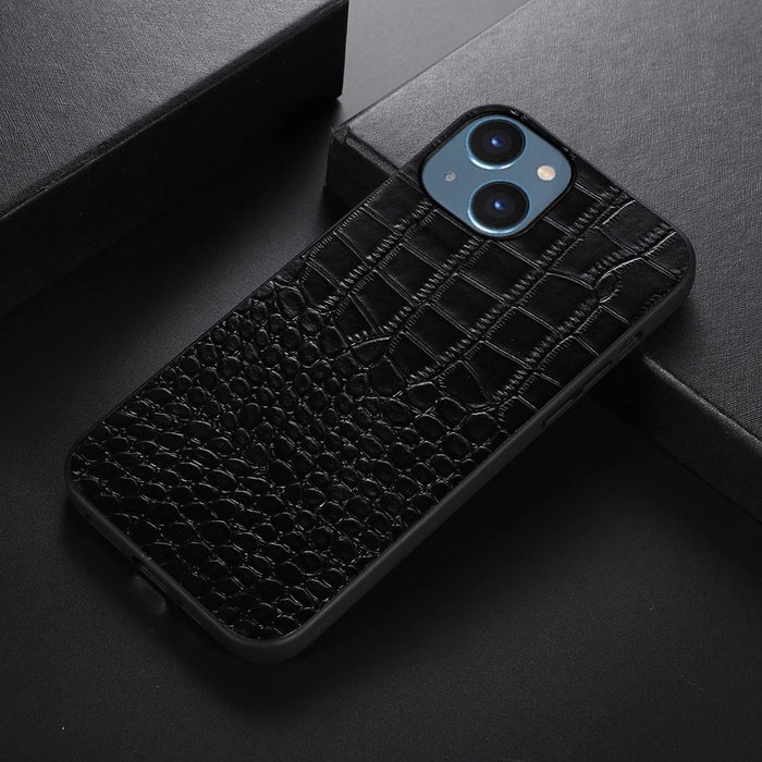 For iPhone 14 6.1 inch Anti-drop Crocodile Texture Phone Case Scratch Resistant Phone Cover Genuine Cowhide Leather Coated PC+TPU Shell - Black - 2