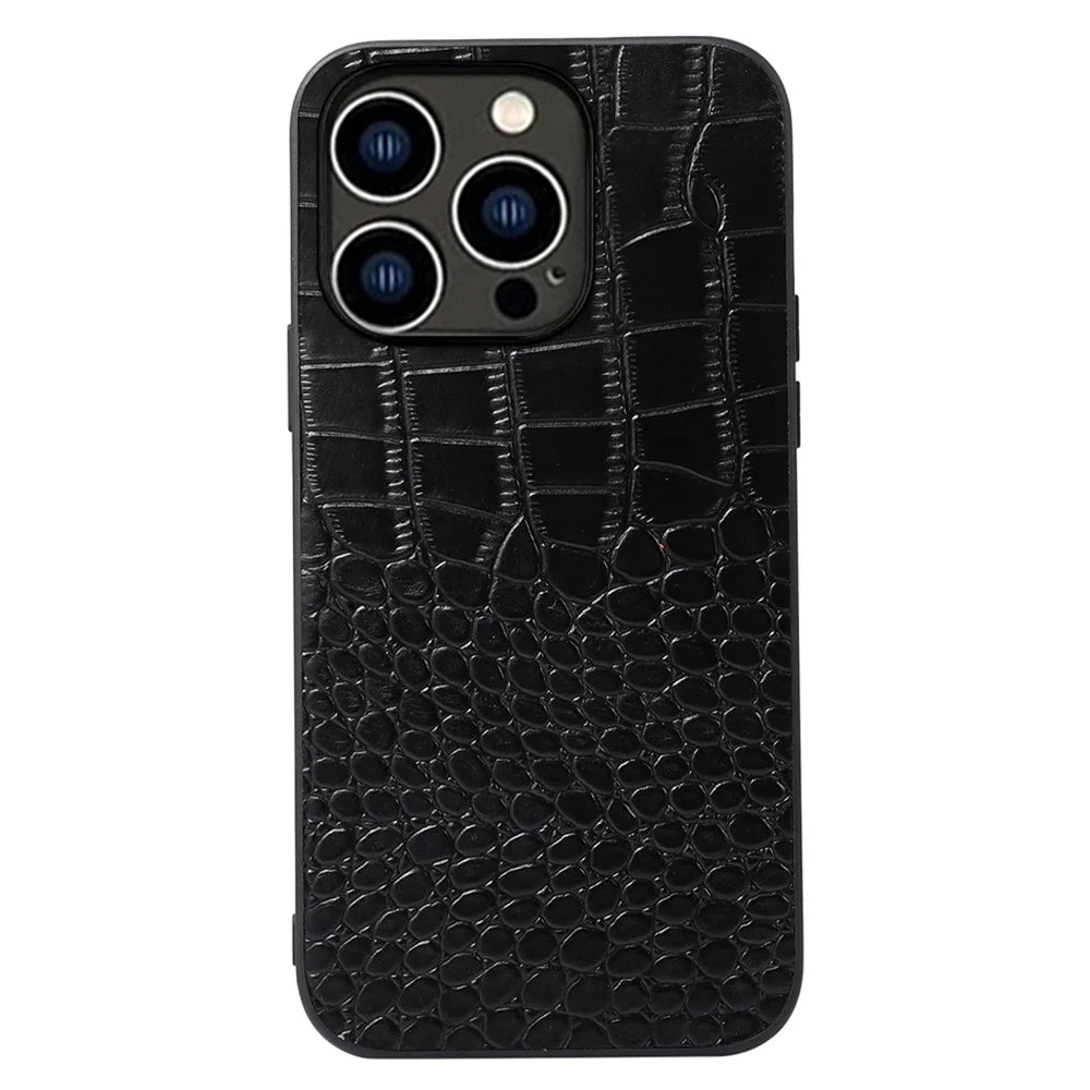For iPhone 14 Pro 6.1 inch Anti-drop Hybrid Slim Case Crocodile Texture Phone Cover Scratch Resistant Genuine Cowhide Leather Coated PC+TPU Shell - Black - 1