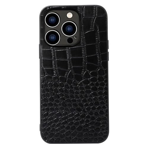 For iPhone 14 Pro 6.1 inch Anti-drop Hybrid Slim Case Crocodile Texture Phone Cover Scratch Resistant Genuine Cowhide Leather Coated PC+TPU Shell - Black - 1