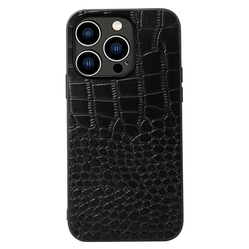 For iPhone 14 Pro 6.1 inch Anti-drop Hybrid Slim Case Crocodile Texture Phone Cover Scratch Resistant Genuine Cowhide Leather Coated PC+TPU Shell - Black - 1