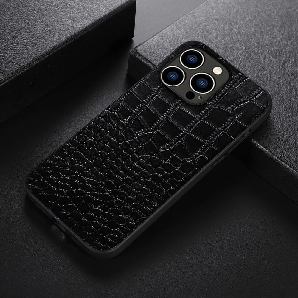 For iPhone 14 Pro 6.1 inch Anti-drop Hybrid Slim Case Crocodile Texture Phone Cover Scratch Resistant Genuine Cowhide Leather Coated PC+TPU Shell - Black - 2