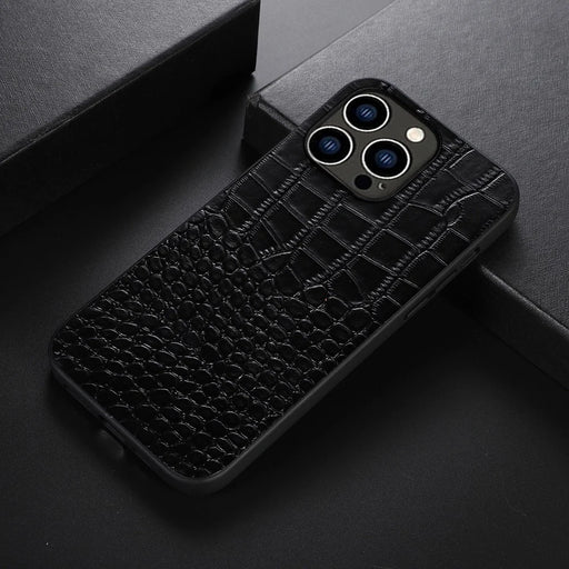 For iPhone 14 Pro 6.1 inch Anti-drop Hybrid Slim Case Crocodile Texture Phone Cover Scratch Resistant Genuine Cowhide Leather Coated PC+TPU Shell - Black - 2