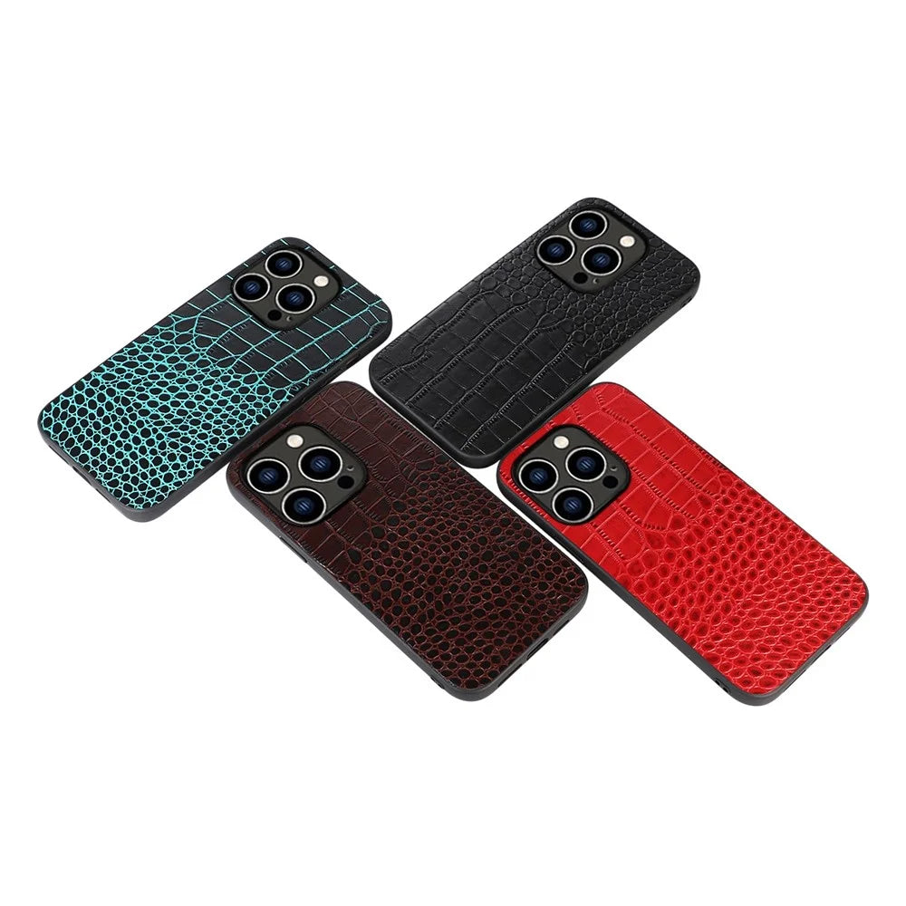 For iPhone 14 Pro 6.1 inch Anti-drop Hybrid Slim Case Crocodile Texture Phone Cover Scratch Resistant Genuine Cowhide Leather Coated PC+TPU Shell - Black - 3