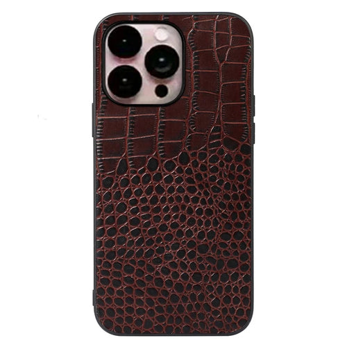 For iPhone 14 Pro Max 6.7 inch Hybrid Slim Case Crocodile Texture Phone Cover Shockproof Genuine Cowhide Leather Coated PC+TPU Mobile Phone Protective Shell - Brown - 1