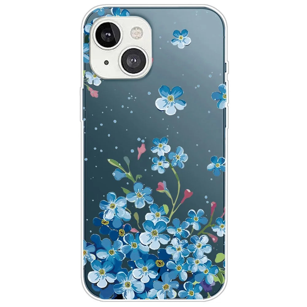 Soft TPU Phone Case for iPhone 14 6.1 inch, Pattern Printing IMD Drop-proof Cell Phone Cover Protector - Blue Flowers - 1