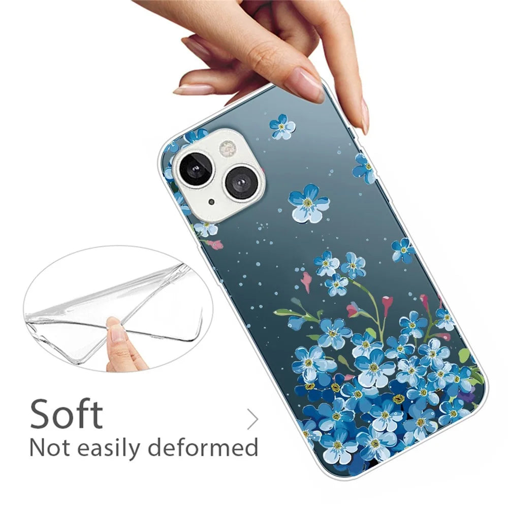 Soft TPU Phone Case for iPhone 14 6.1 inch, Pattern Printing IMD Drop-proof Cell Phone Cover Protector - Blue Flowers - 2