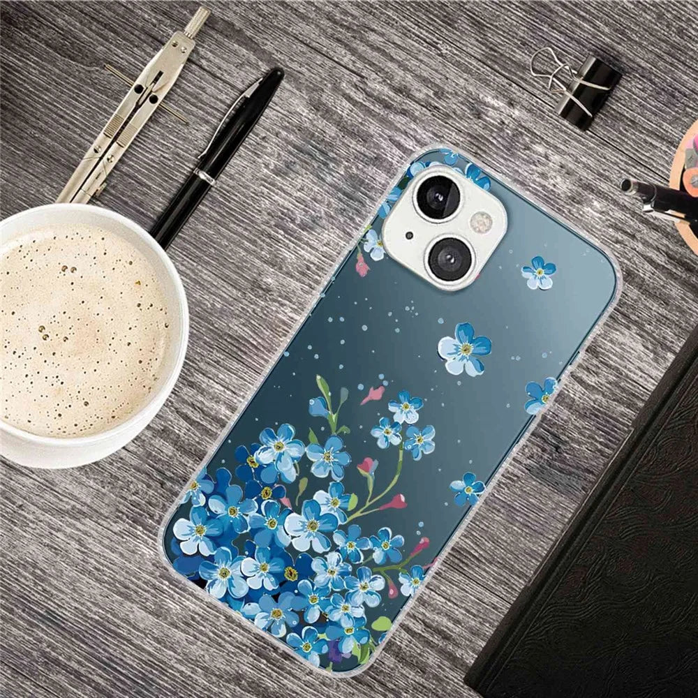 Soft TPU Phone Case for iPhone 14 6.1 inch, Pattern Printing IMD Drop-proof Cell Phone Cover Protector - Blue Flowers - 3