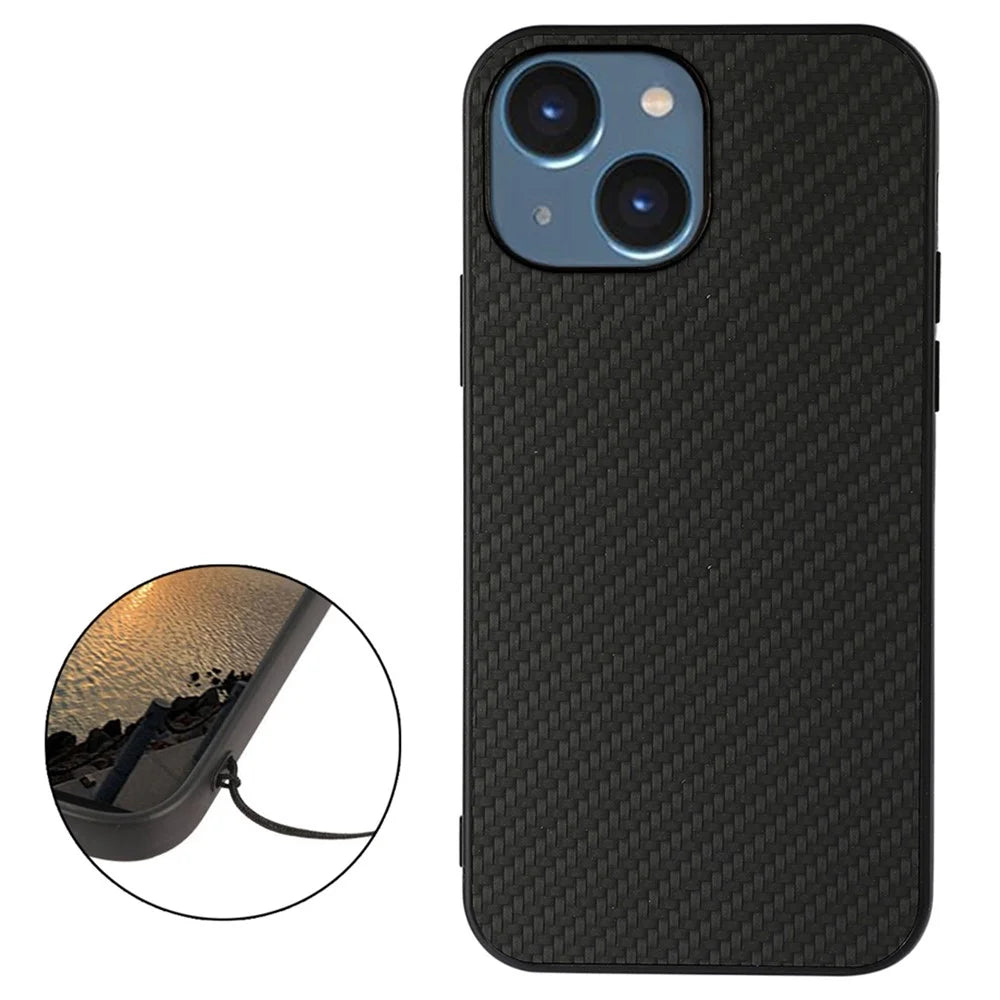 For iPhone 14 6.1 inch Ultra Slim Anti-scratch Phone Case Carbon Fiber Texture Protective Cover PU Leather Coated Hybrid Back Shell - Black - 2