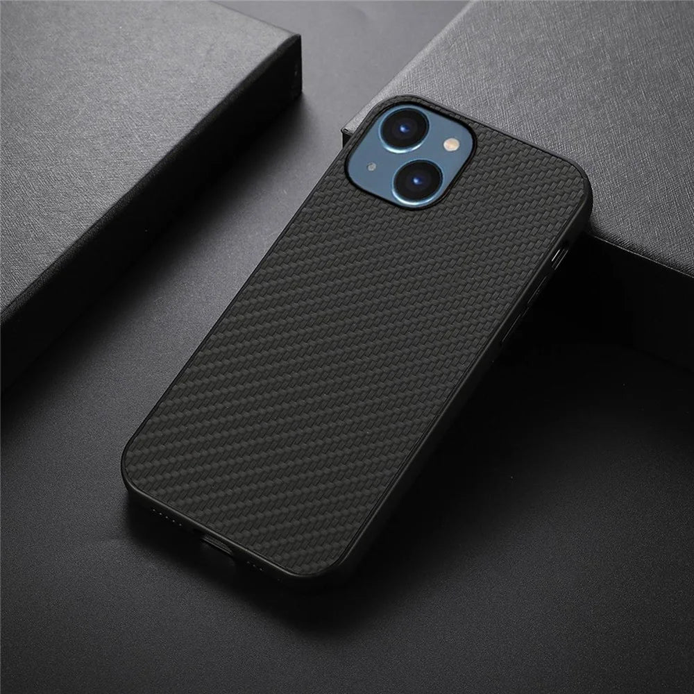 For iPhone 14 6.1 inch Ultra Slim Anti-scratch Phone Case Carbon Fiber Texture Protective Cover PU Leather Coated Hybrid Back Shell - Black - 3