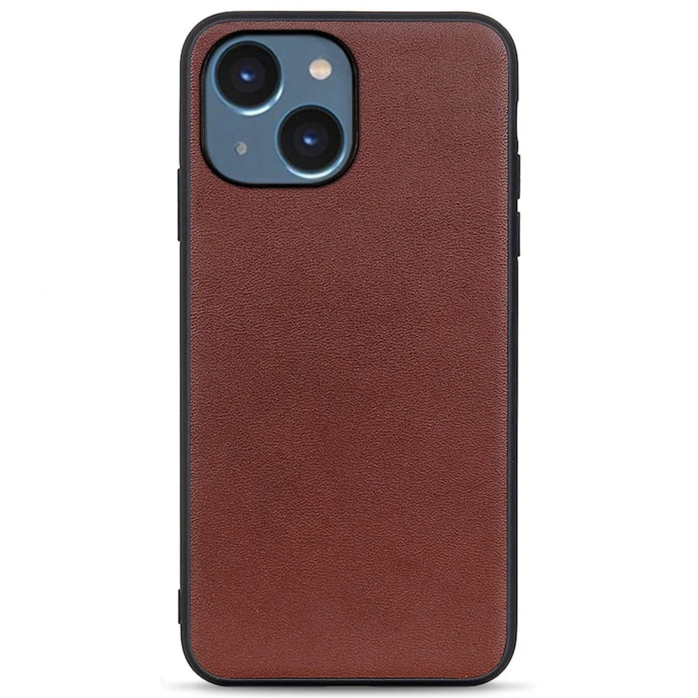 For iPhone 14 6.1 inch Anti-Scratch Textured Genuine Leather Phone Case Shockproof Anti-Slip Protective Cover - Brown - 1