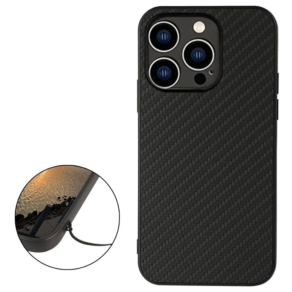 For iPhone 14 Pro 6.1 inch Ultra Slim Carbon Fiber Texture Protective Cover Wear Resistant Phone Case PU Leather Coated Hybrid Back Shell - Black - 2