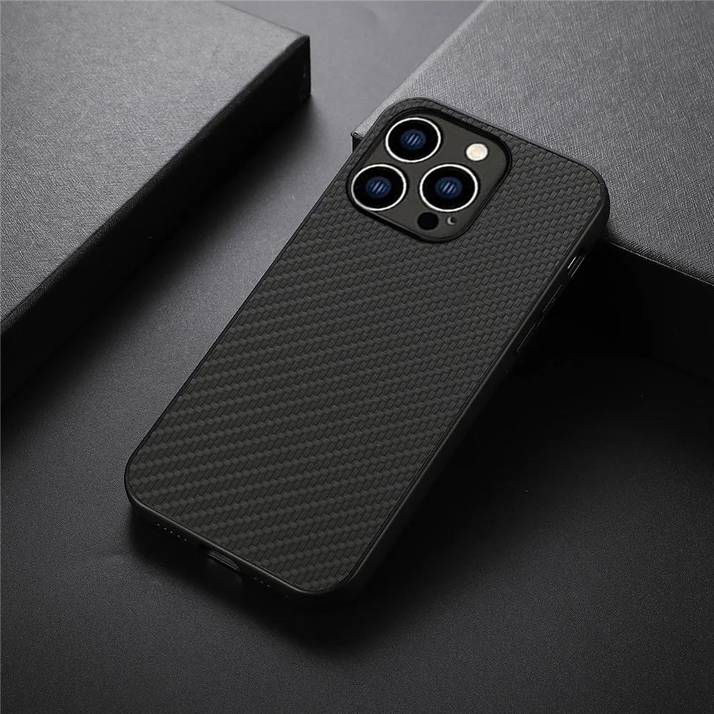 For iPhone 14 Pro 6.1 inch Ultra Slim Carbon Fiber Texture Protective Cover Wear Resistant Phone Case PU Leather Coated Hybrid Back Shell - Black - 3