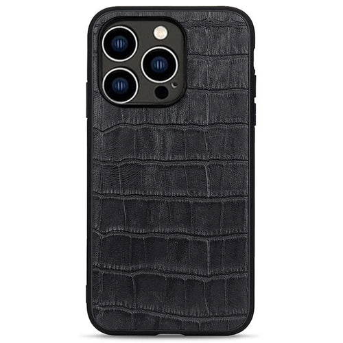 For iPhone 14 Pro 6.1 inch Retro Anti-fall Crocodile Texture Phone Case Genuine Leather Coated PC + TPU Protective Scratch Resistant Back Shell - Black - 1