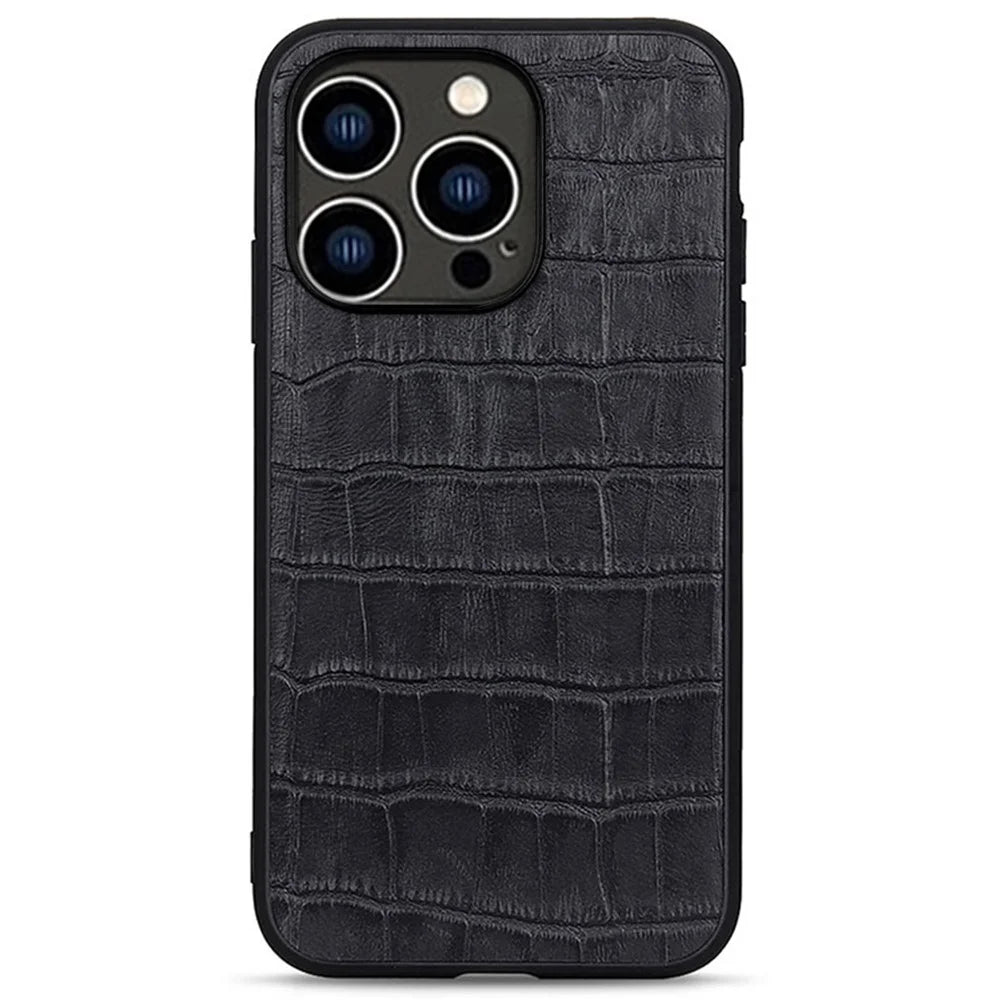 For iPhone 14 Pro 6.1 inch Retro Anti-fall Crocodile Texture Phone Case Genuine Leather Coated PC + TPU Protective Scratch Resistant Back Shell - Black - 1