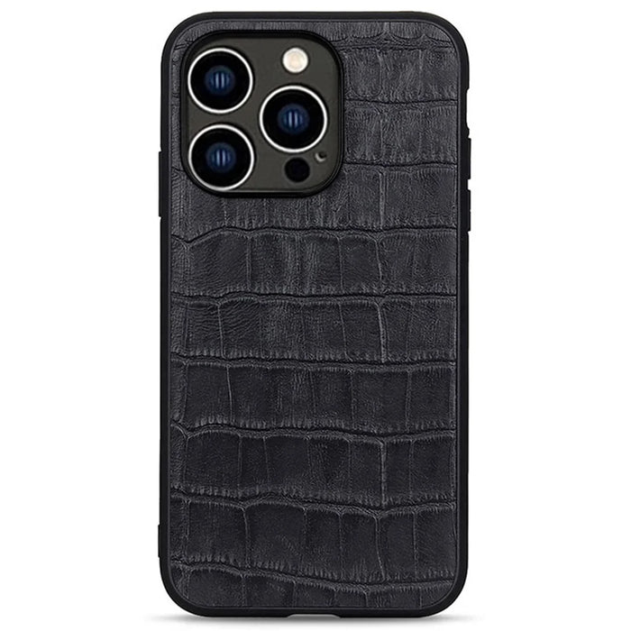 For iPhone 14 Pro 6.1 inch Retro Anti-fall Crocodile Texture Phone Case Genuine Leather Coated PC + TPU Protective Scratch Resistant Back Shell - Black - 1
