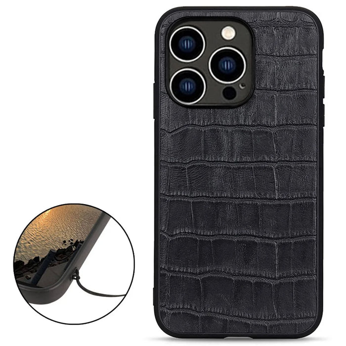 For iPhone 14 Pro 6.1 inch Retro Anti-fall Crocodile Texture Phone Case Genuine Leather Coated PC + TPU Protective Scratch Resistant Back Shell - Black - 2