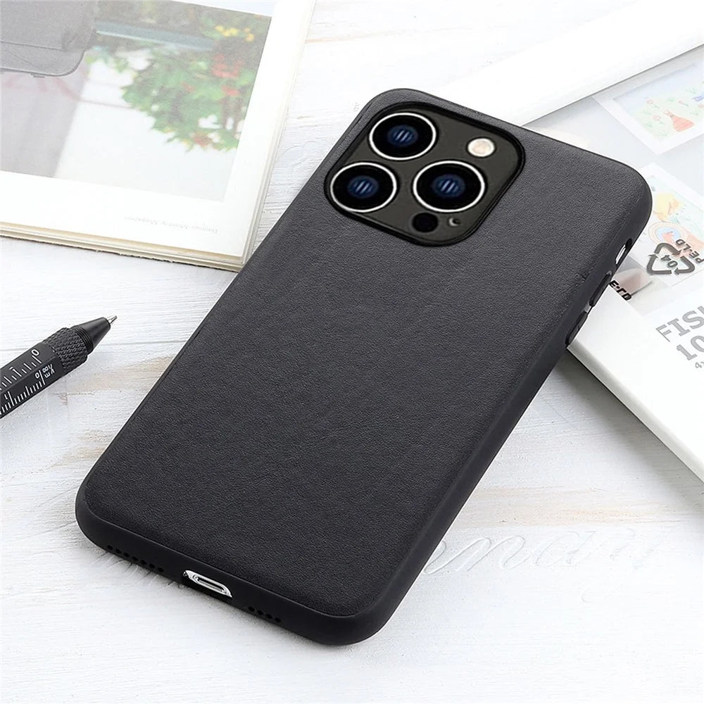 For iPhone 14 Pro 6.1 inch Anti-drop Textured Genuine Leather Phone Case Cover Phone Protector Scratch Resistant Shell - Black - 3