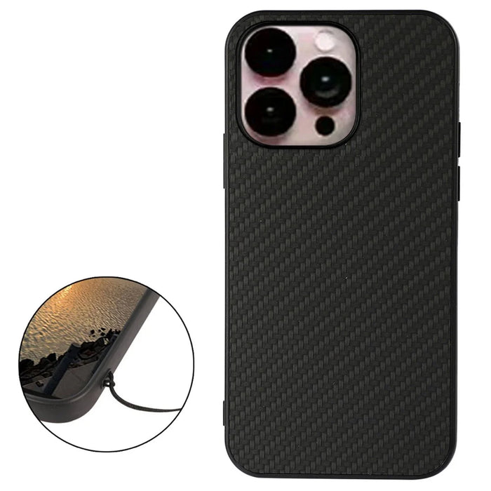 For iPhone 14 Pro Max 6.7 inch Anti-fall Ultra-thin Phone Case Carbon Fiber Texture Protective Cover PU Leather Coated Cellphone Hybrid Back Shell - Black - 2