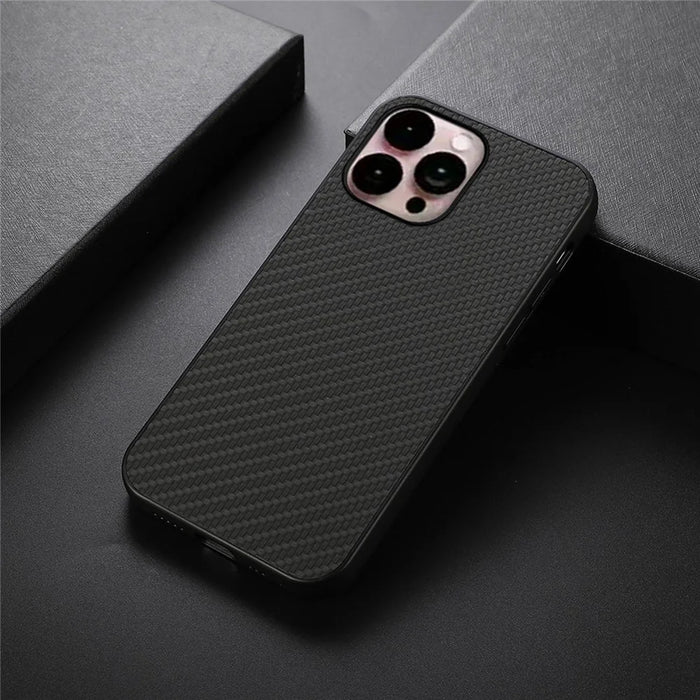 For iPhone 14 Pro Max 6.7 inch Anti-fall Ultra-thin Phone Case Carbon Fiber Texture Protective Cover PU Leather Coated Cellphone Hybrid Back Shell - Black - 3