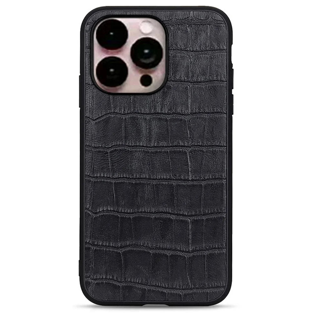 For iPhone 14 Pro Max 6.7 inch Anti-drop Phone Case Crocodile Texture Genuine Leather Case Non-slip Grip Anti-scratch Cover - Black - 1