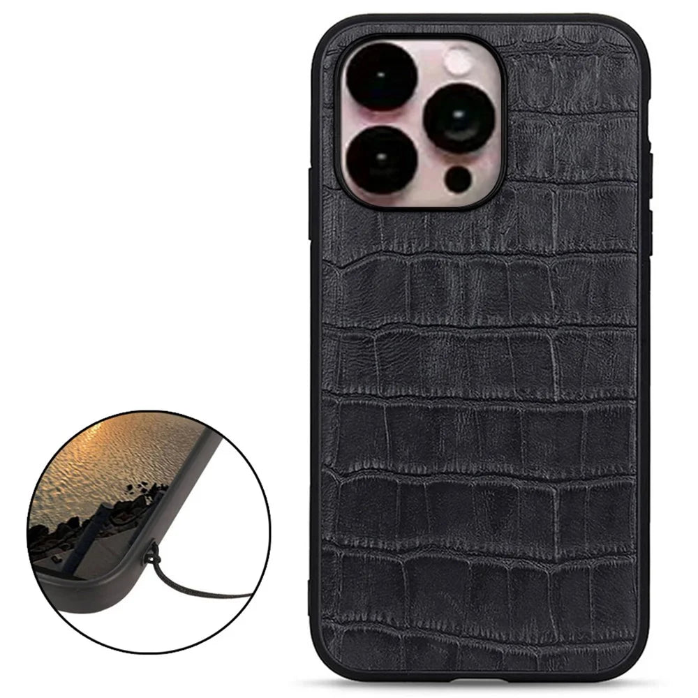 For iPhone 14 Pro Max 6.7 inch Anti-drop Phone Case Crocodile Texture Genuine Leather Case Non-slip Grip Anti-scratch Cover - Black - 2