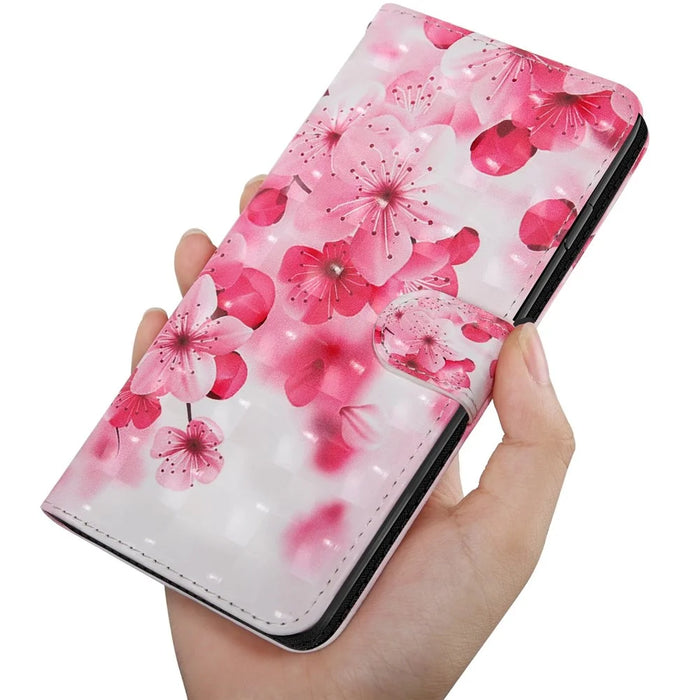 For iPhone 14 6.1 inch PU Leather Case Stand Function 3D Pattern Printed Magnet Closure Wallet Phone Cover with Strap - Peach Blossom - 3