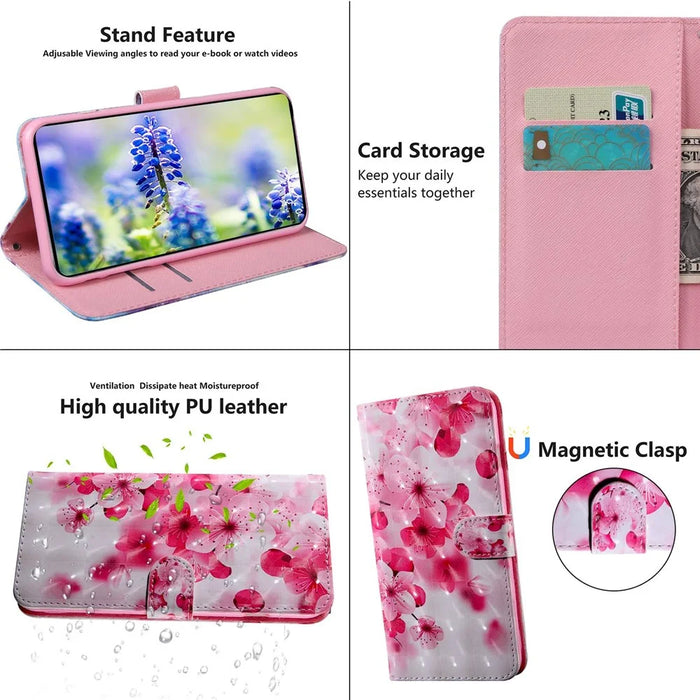For iPhone 14 6.1 inch PU Leather Case Stand Function 3D Pattern Printed Magnet Closure Wallet Phone Cover with Strap - Peach Blossom - 4