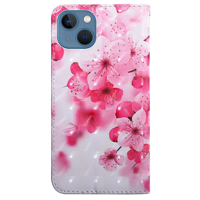 For iPhone 14 6.1 inch PU Leather Case Stand Function 3D Pattern Printed Magnet Closure Wallet Phone Cover with Strap - Peach Blossom - 6
