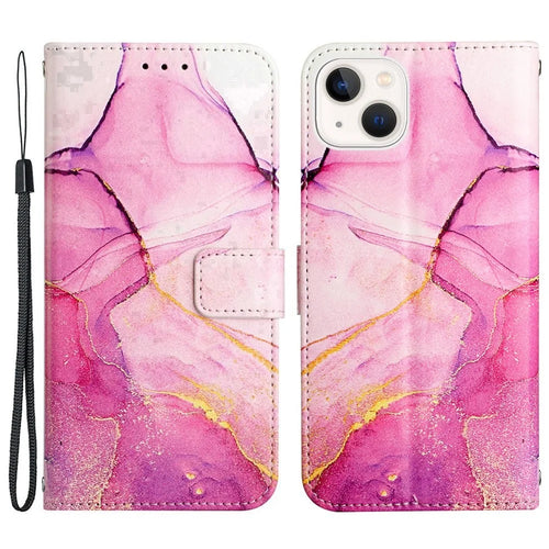 YB Pattern Printing Leather Series-5 for iPhone 14 6.1 inch PU Leather Flip Wallet Case Marble Pattern Magnetic Closure Stand Protective Phone Holster with Strap - Pink/Purple/Gold 001 - 1