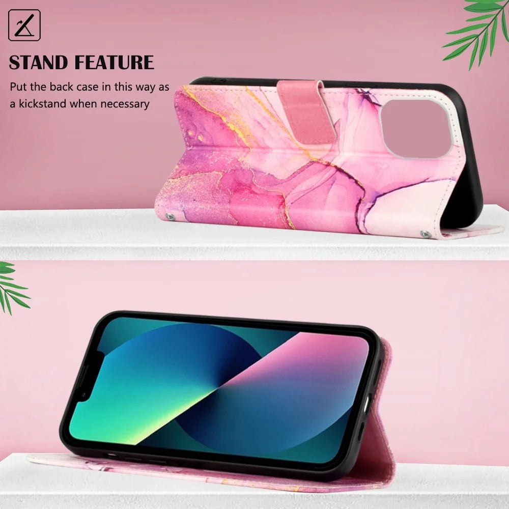 YB Pattern Printing Leather Series-5 for iPhone 14 6.1 inch PU Leather Flip Wallet Case Marble Pattern Magnetic Closure Stand Protective Phone Holster with Strap - Pink/Purple/Gold 001 - 2