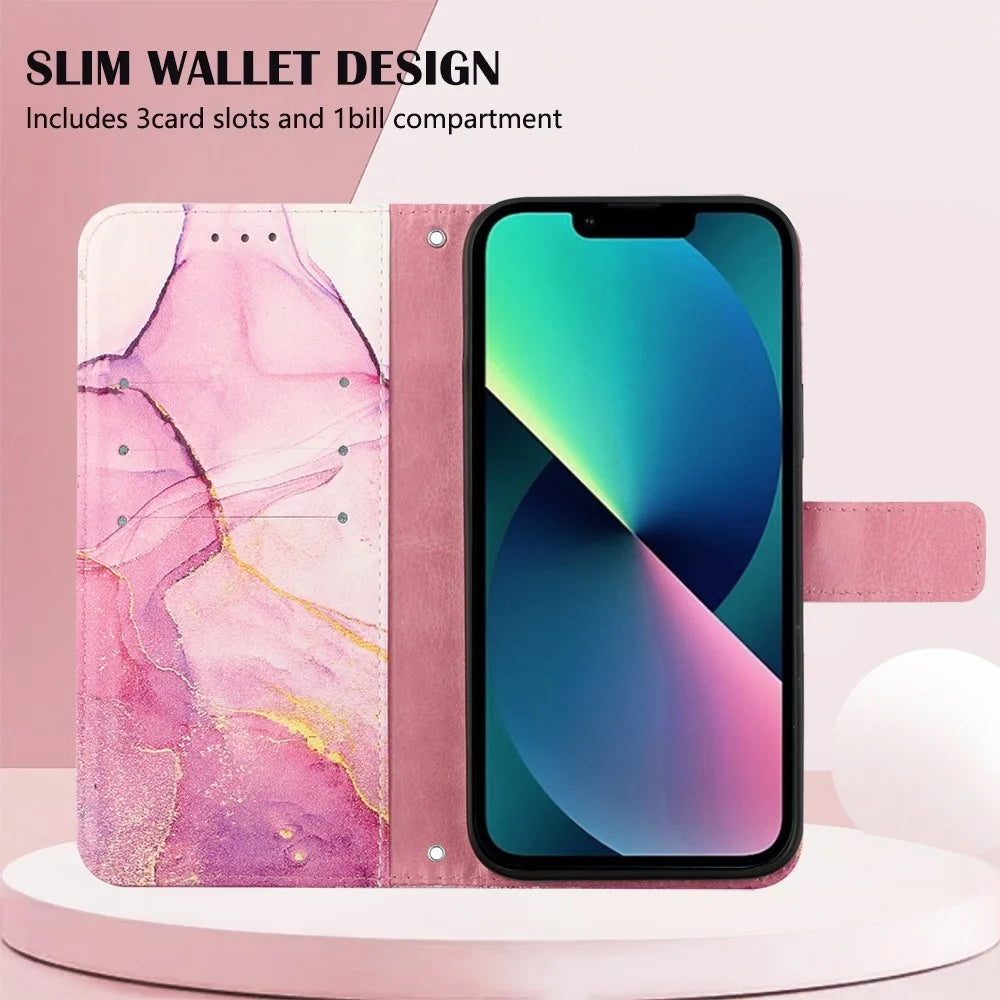 YB Pattern Printing Leather Series-5 for iPhone 14 6.1 inch PU Leather Flip Wallet Case Marble Pattern Magnetic Closure Stand Protective Phone Holster with Strap - Pink/Purple/Gold 001 - 3