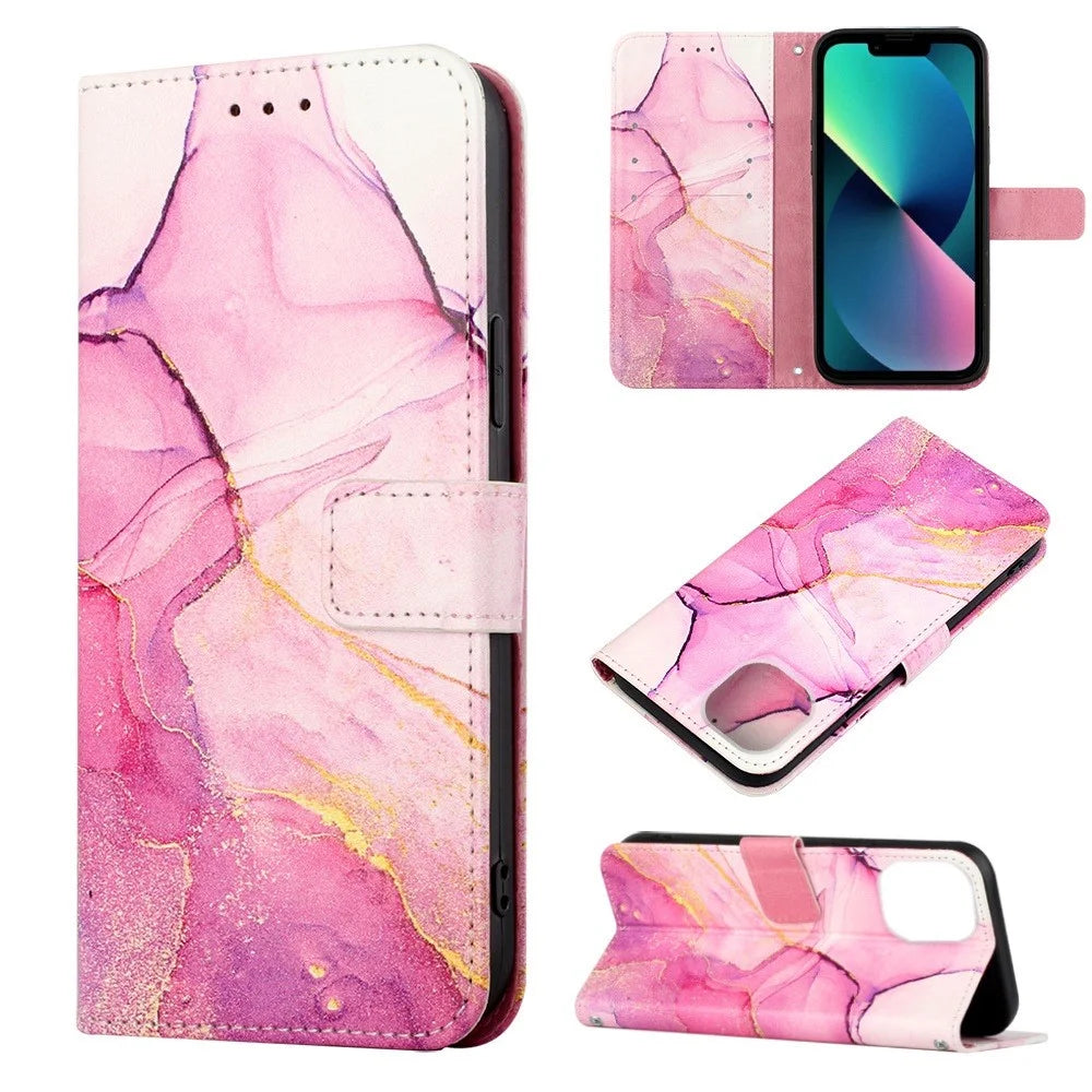YB Pattern Printing Leather Series-5 for iPhone 14 6.1 inch PU Leather Flip Wallet Case Marble Pattern Magnetic Closure Stand Protective Phone Holster with Strap - Pink/Purple/Gold 001 - 5