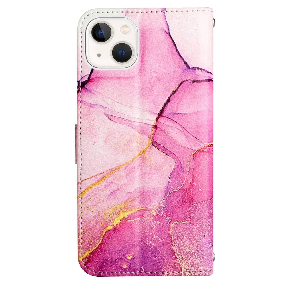 YB Pattern Printing Leather Series-5 for iPhone 14 6.1 inch PU Leather Flip Wallet Case Marble Pattern Magnetic Closure Stand Protective Phone Holster with Strap - Pink/Purple/Gold 001 - 7