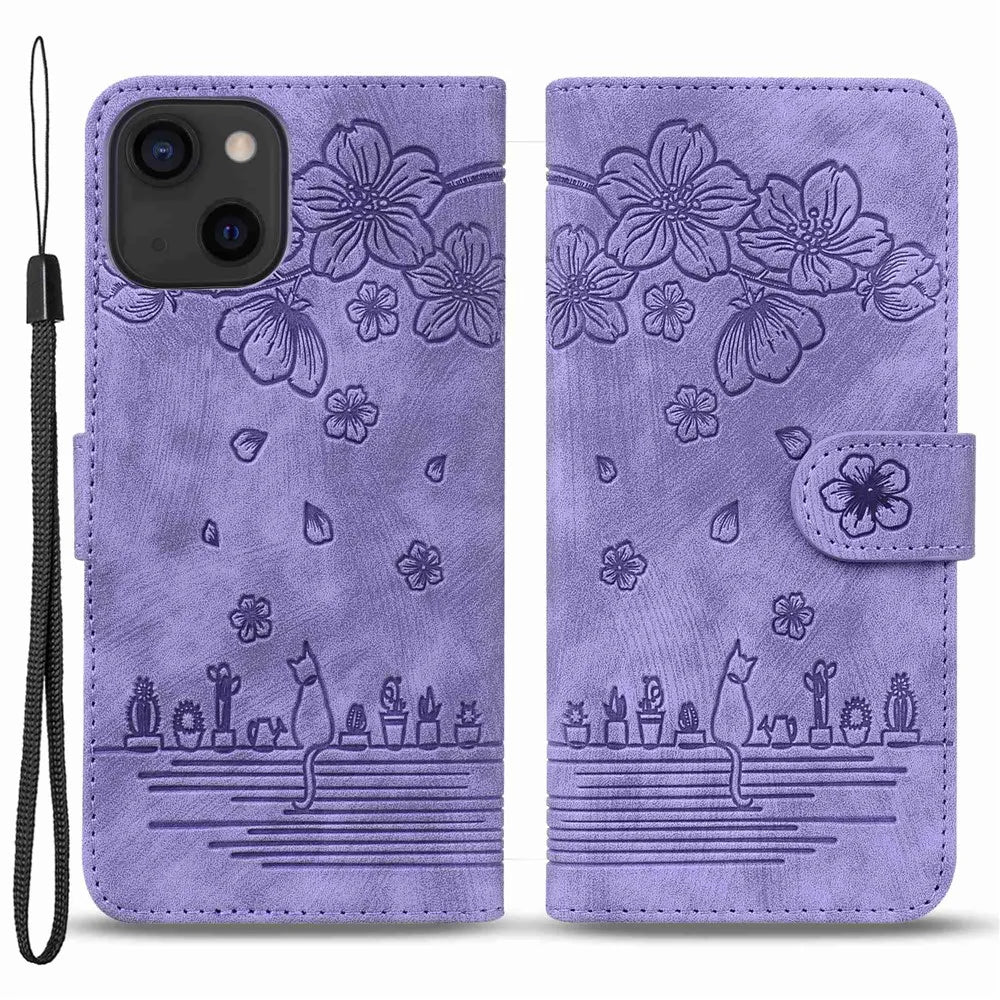 For iPhone 13 6.1 inch Shockproof Wallet Case Cherry Blossom Cat Imprinted PU Leather Stand Flip Cover with Strap - Purple - 1