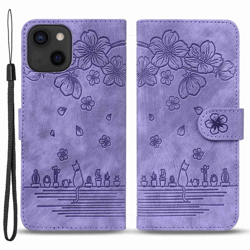 For iPhone 13 6.1 inch Shockproof Wallet Case Cherry Blossom Cat Imprinted PU Leather Stand Flip Cover with Strap - Purple - 1